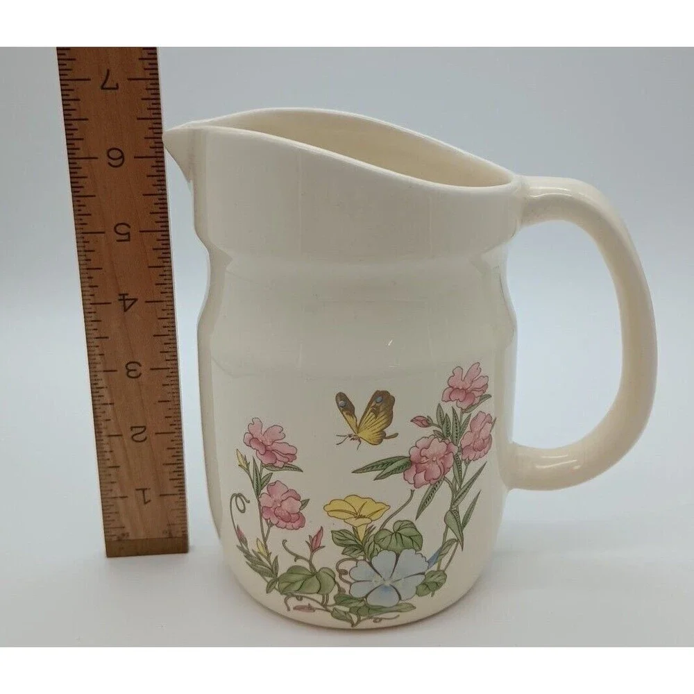 Vintage Treasure Craft Pitcher Floral Butterfly Morning Glory Flowers